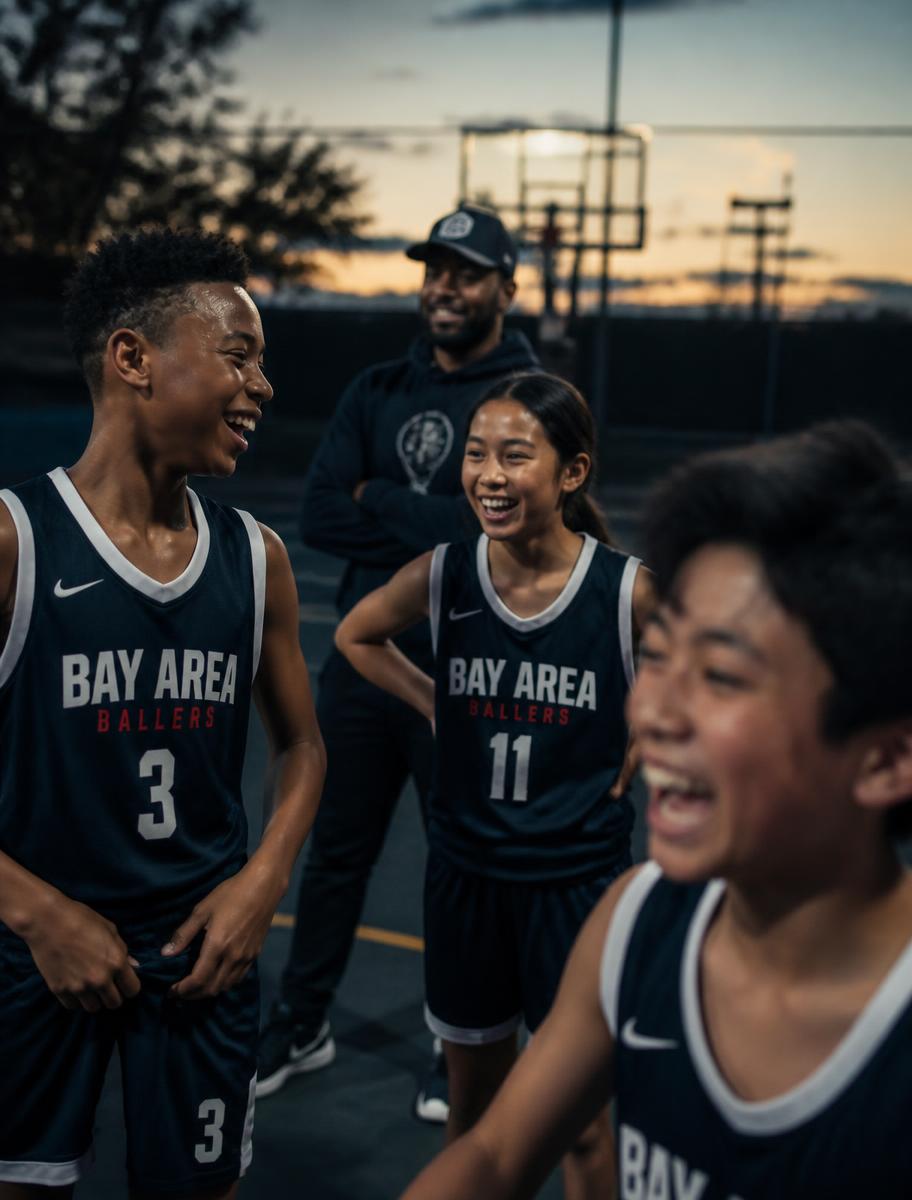 Bay Area youth basketball players laughing with their coach at dusk